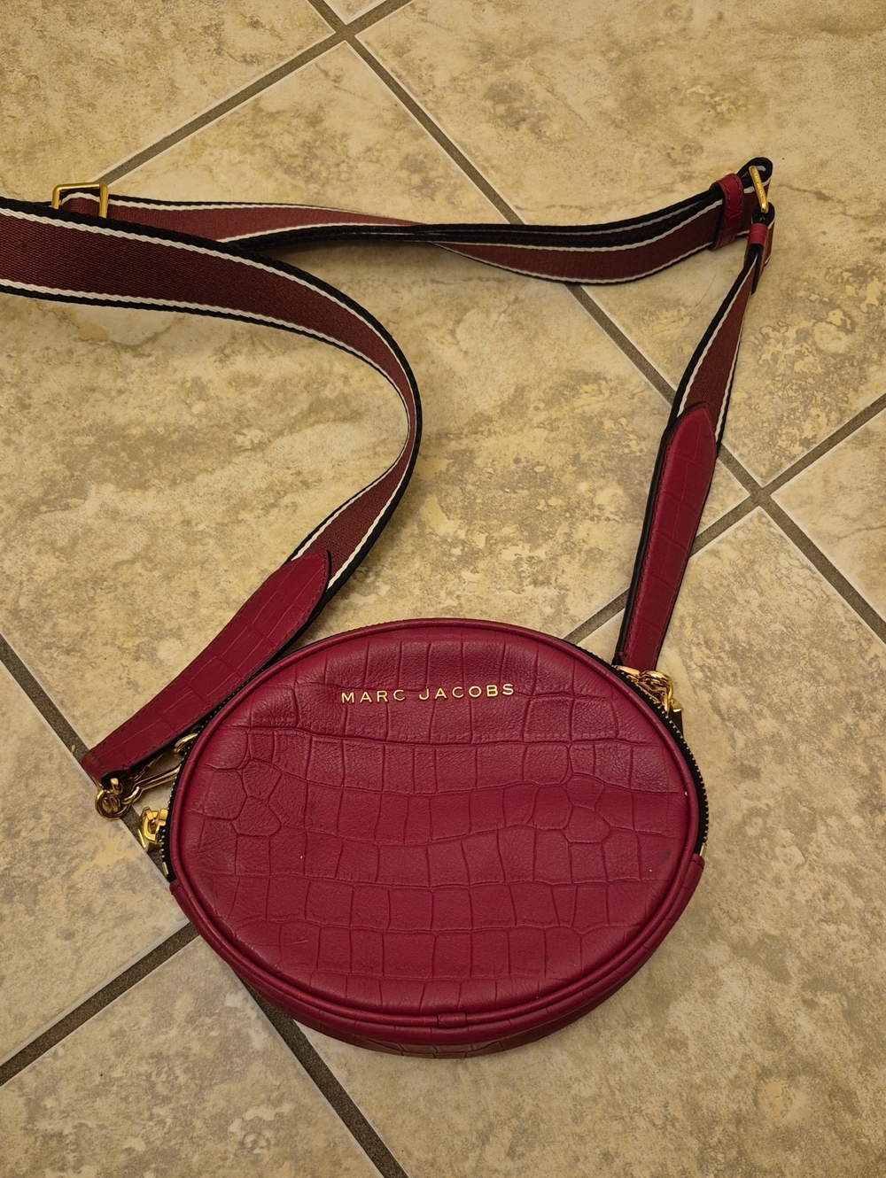 Marc Jacobs Burgundy Croc-Embossed Round Crossbody with Striped Strap
